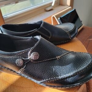 Clarks black leather slip-on.  Size 8M